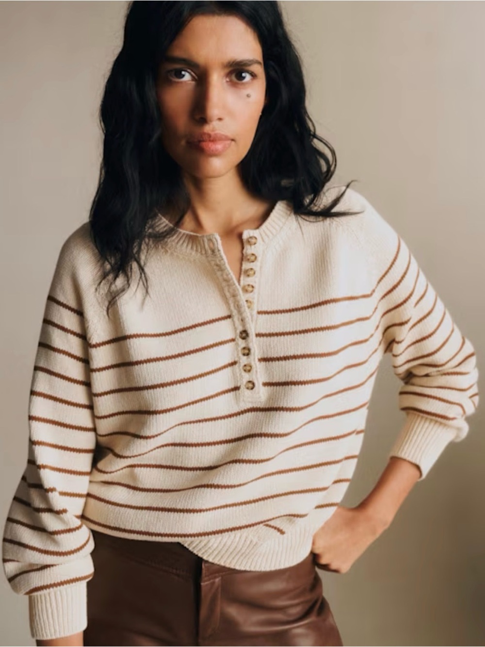 Sezane Léontine Jumper in Ecru/Camel, Size XS